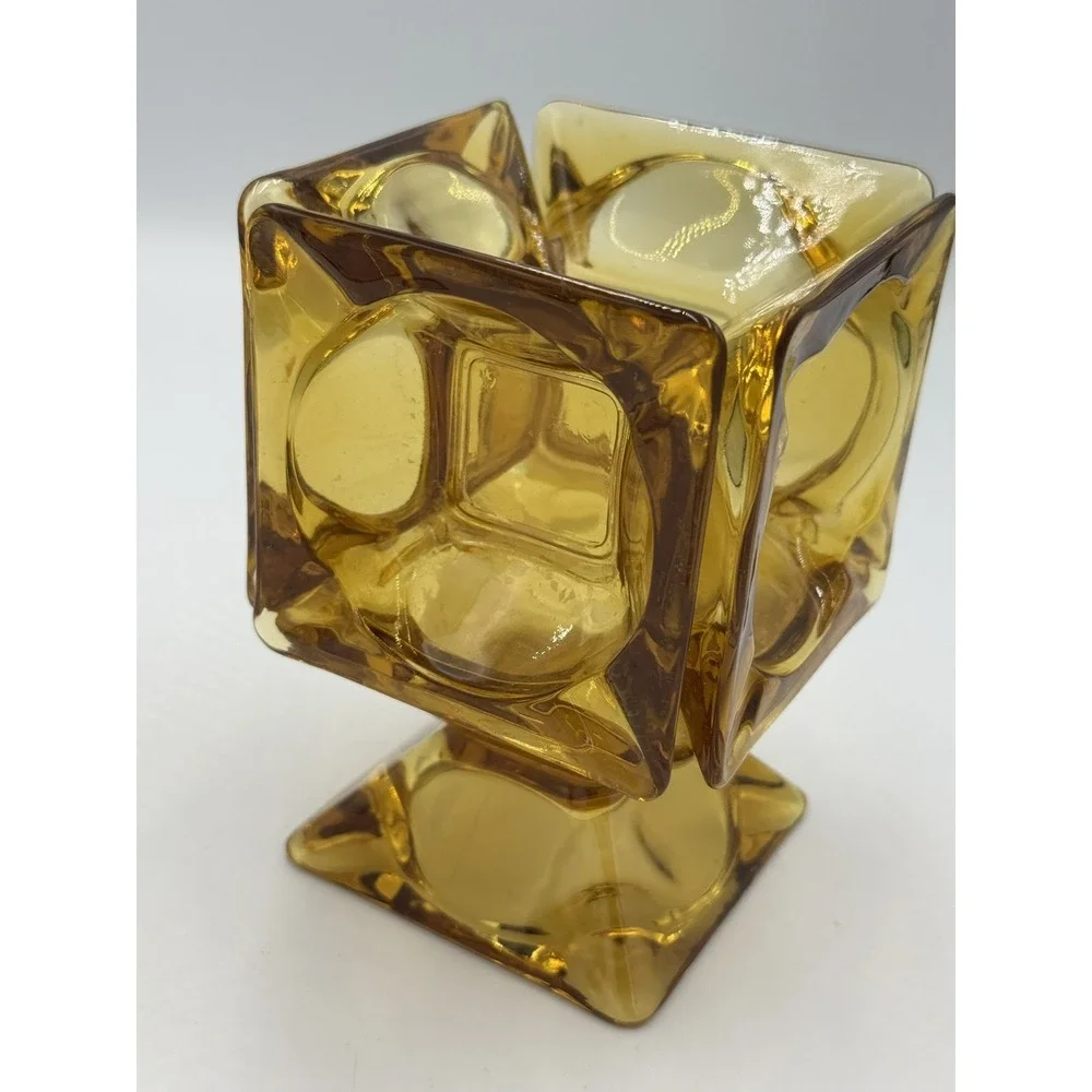 VTG Amber Glass Vase Heavy Square Cube Retro MCM Candle Holder Planter Retro